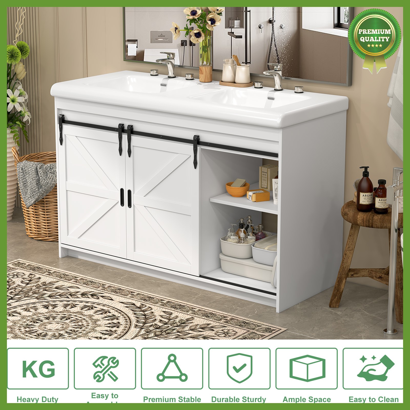 47” Bathroom Vanity w/ 2 Basin Sink Bathroom Cabinet with 3 Drawers Storage Set