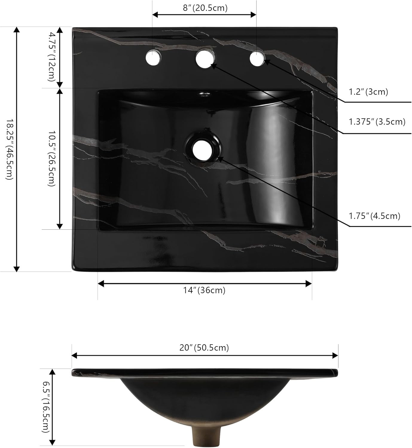 Elegant 20″ Rectangular Black Marble Ceramic Vanity Sink Top – Timeless Design