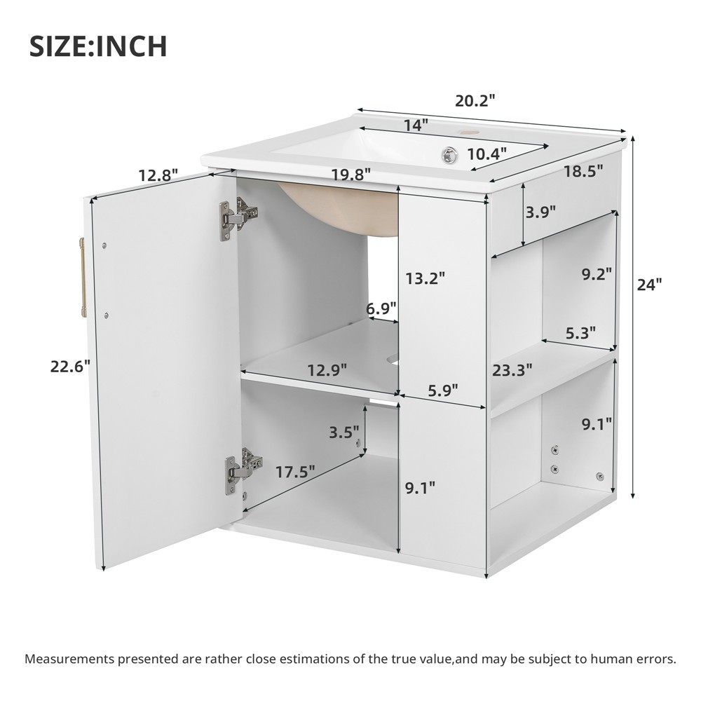 20″ Wall Mounted Bathroom Vanity w/Sink, Floating Vanity Door Cabinet, Shelves