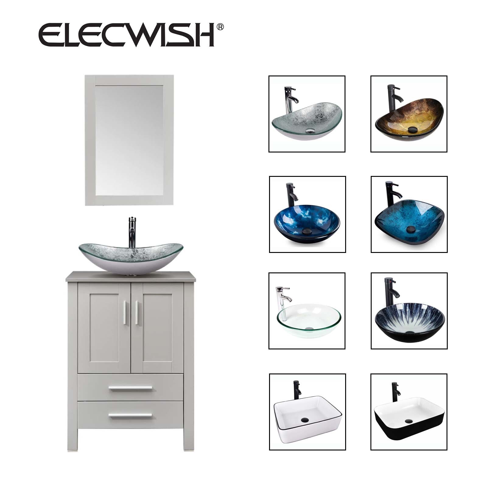 Modern 24″ Bathroom Vanity Vessel Sink Set Cabinet with Faucet Drawers & Mirror