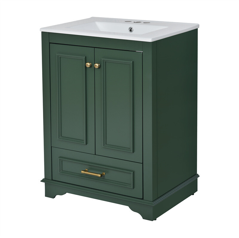 24” Bathroom Vanity with Ceramic Sink Combo Green Cabinet w/Doors & Drawers