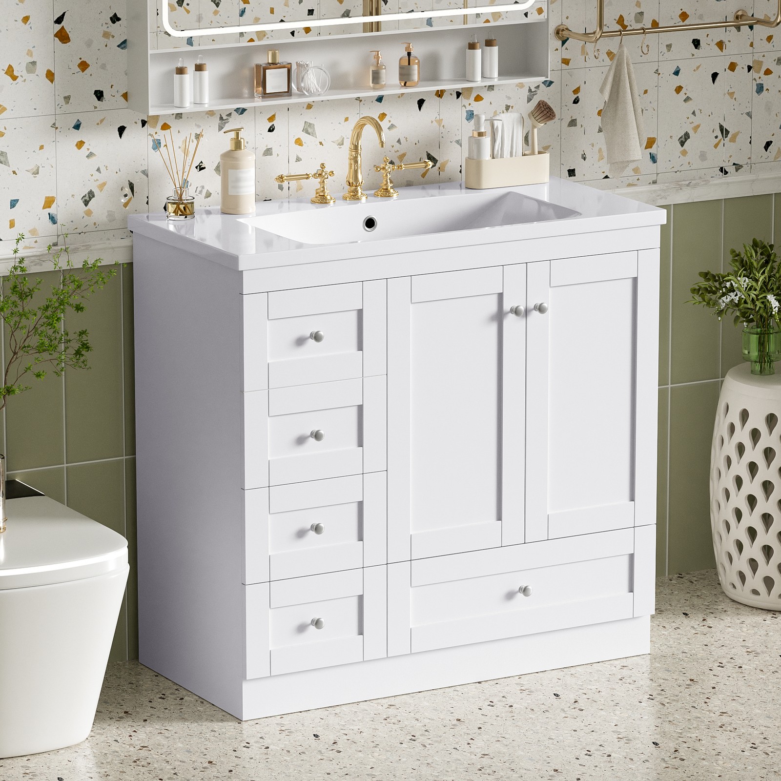 36″ Bathroom Vanity w/Sink Storage Cabinet with 4 Soft-close Drawers & 2 Door