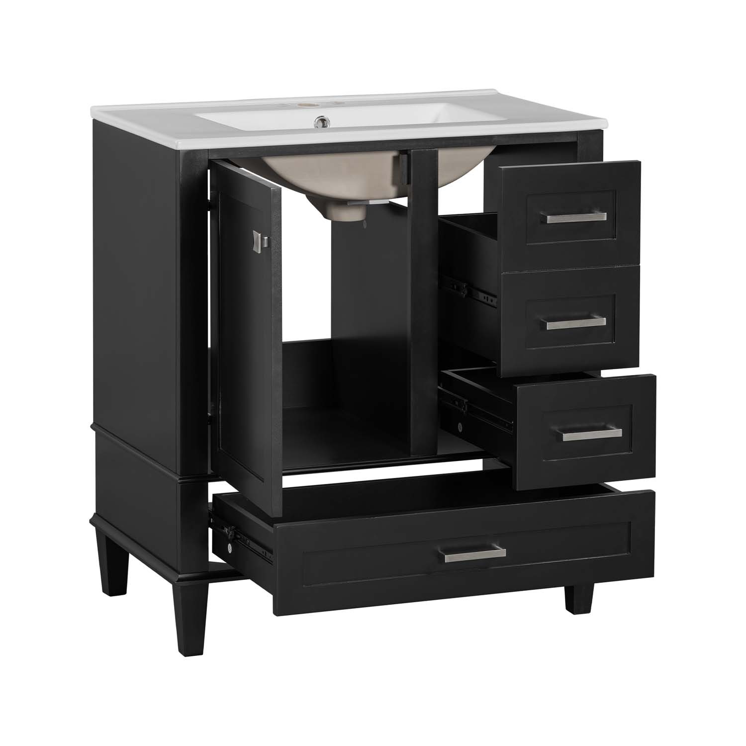 30″ Freestanding Bathroom Vanity Black Green Solid Wood Soft-Close 3 Drawer Sink