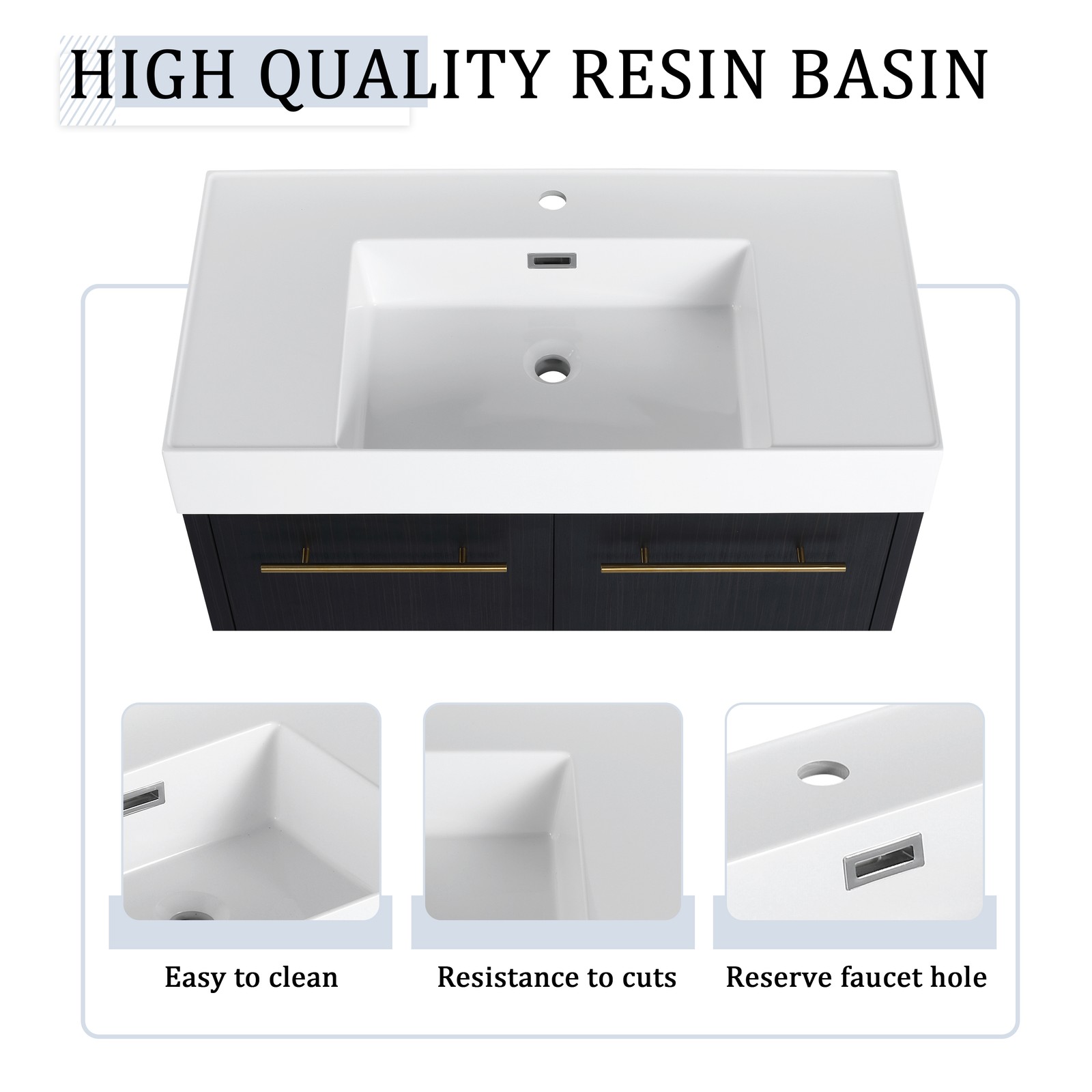36 Inch Plywood Wall-Mounted Bathroom Vanity with Resin Sink + Side Storage Rack