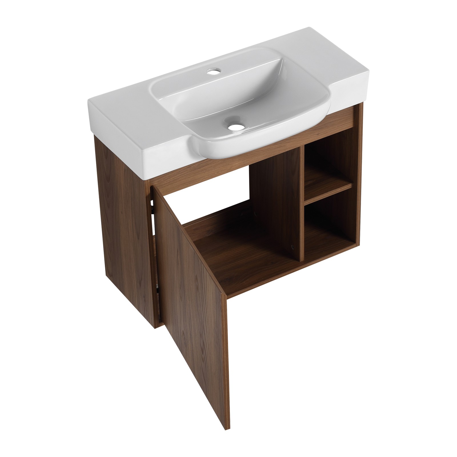 28″ Plywood Wall-Mounted Bathroom Vanity W/ Ceramic Sink Brown For Small Space