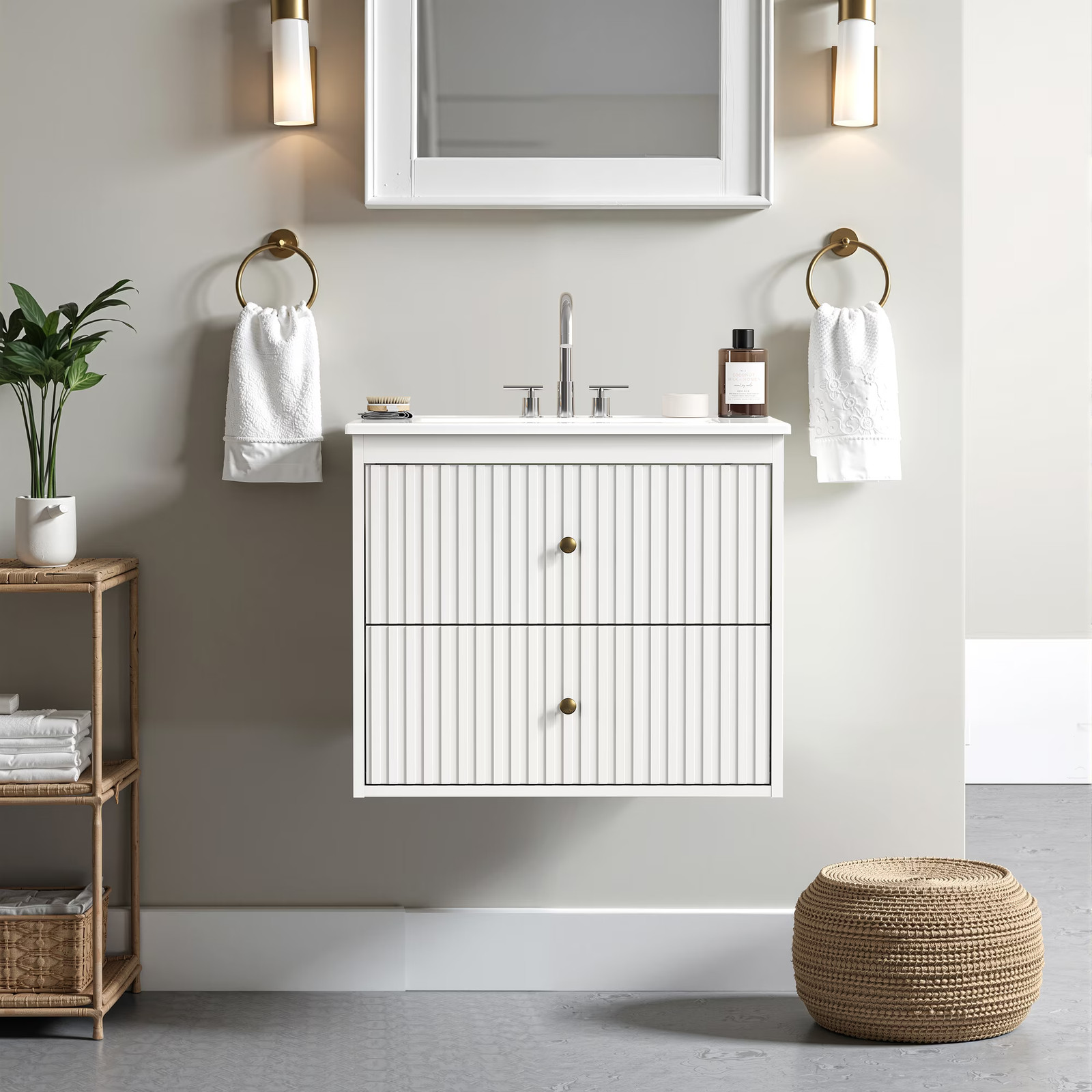 24″ Floating Bathroom Vanity with Sink, 2 Drawers, White