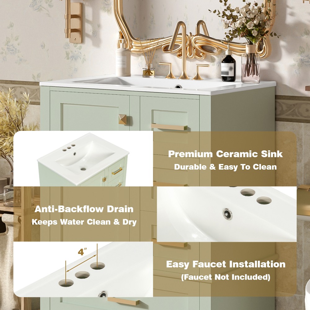 24.8″ Bathroom Vanity with Ceramic Sink, Modern Freestanding Cabinet Featuring