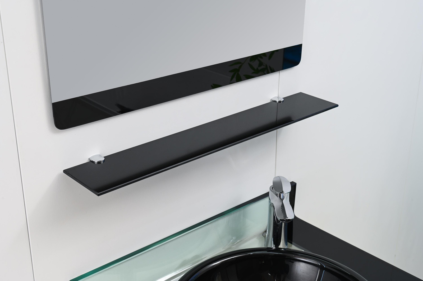 24″ Black Tempered Glass Bathroom Vanity set Floating Sink Mirror Shelves combo