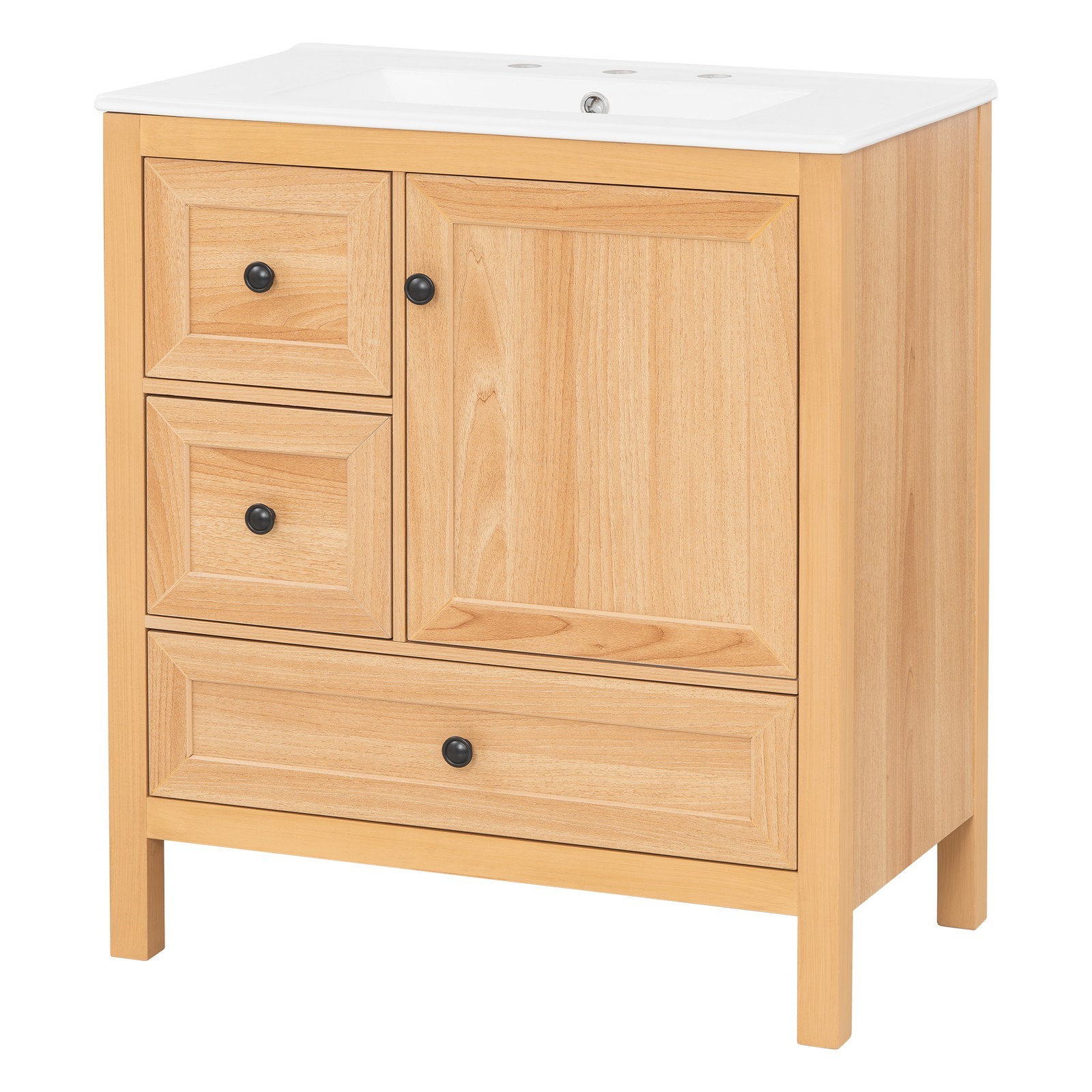 30″ Bathroom Vanity with Ceramic Sink Wood Grain Cabinet with Soft-Close Drawer