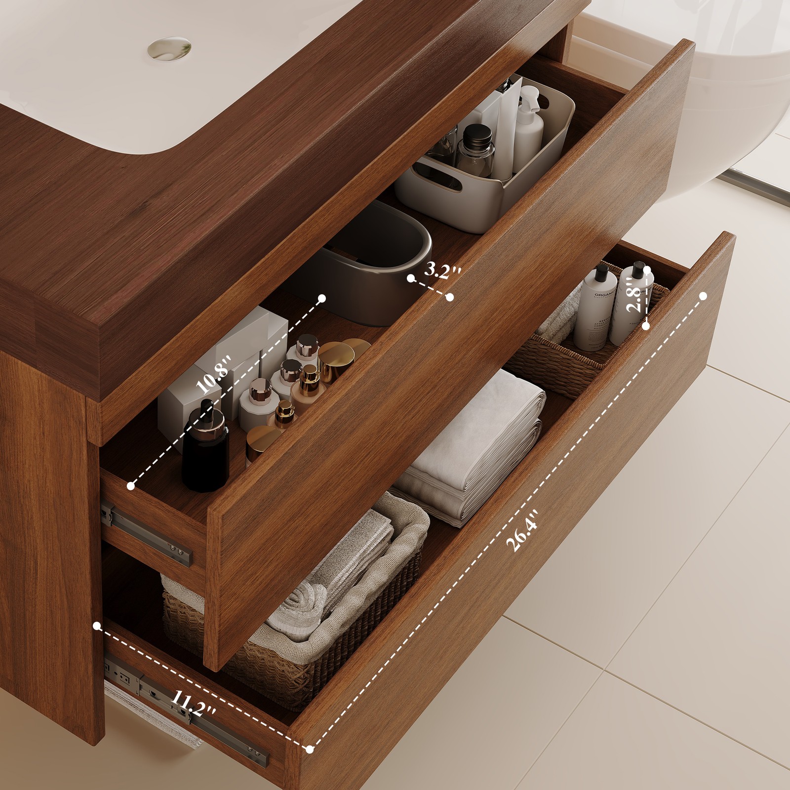 29.9″ Floating Bathroom Vanity with Marble Top and Ceramic Sink