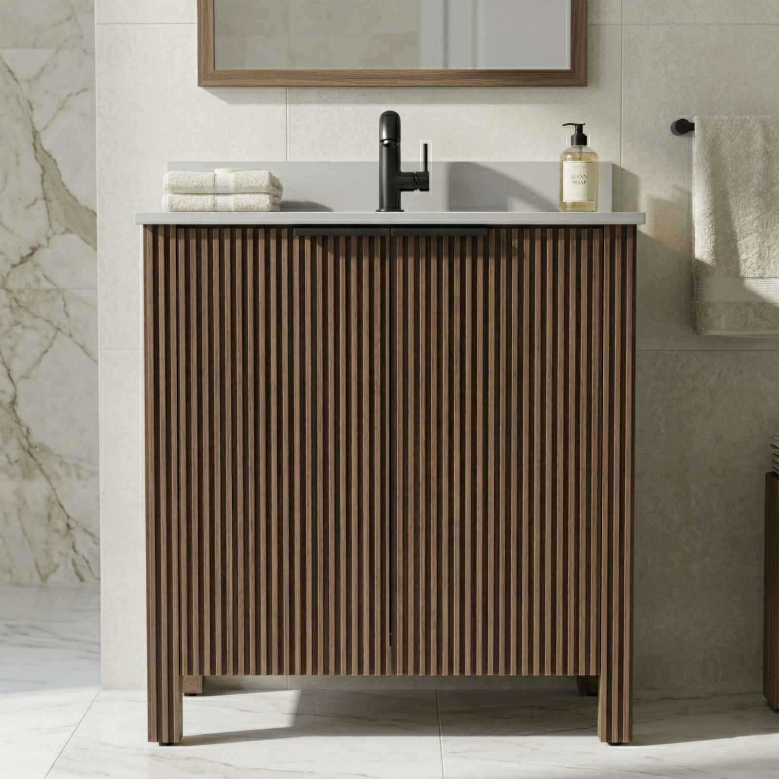 Bathroom Vanity Cabinet with White Ceramic Sink 30″ x 18.5″ x 34.5″ Brown
