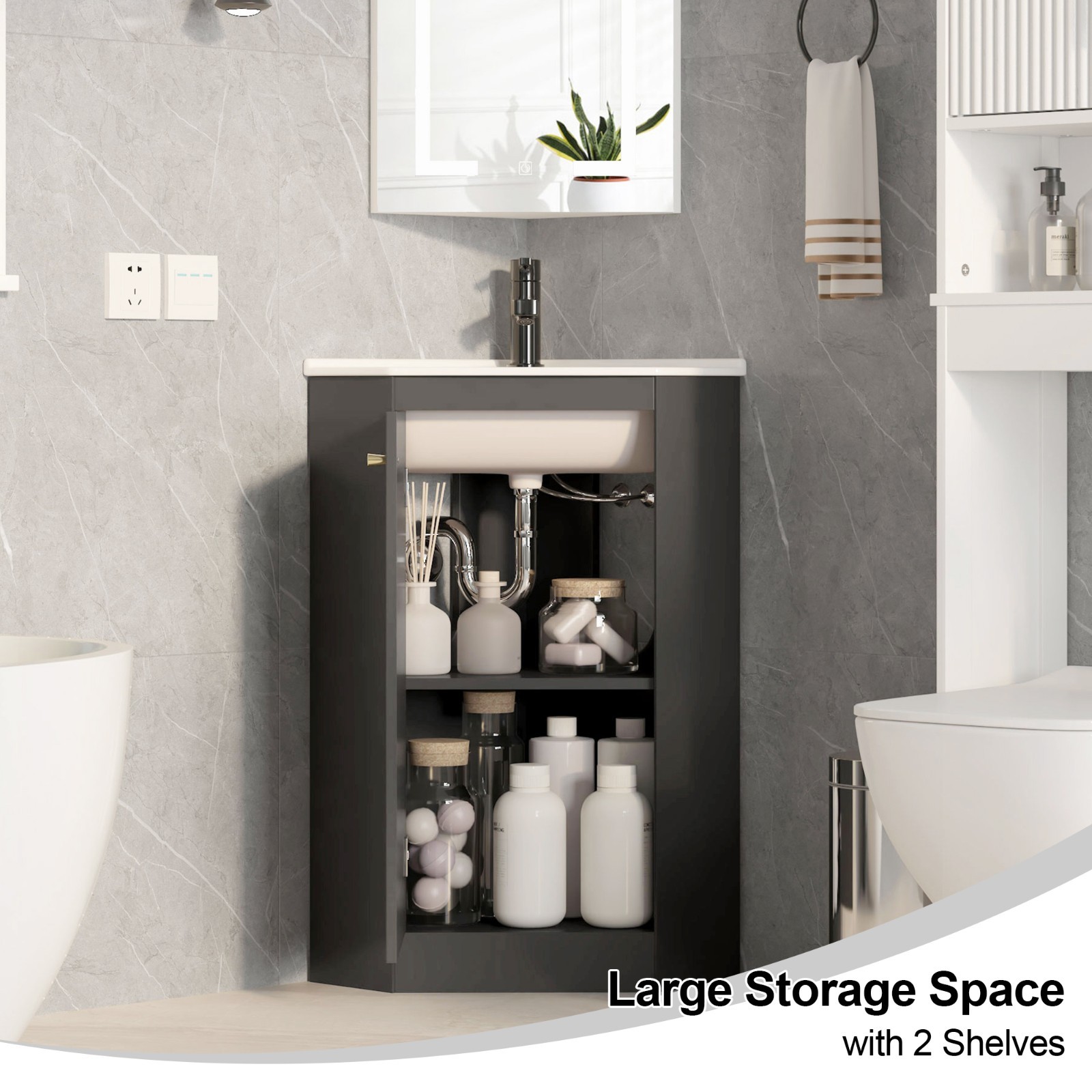 Corner Bathroom Vanity Sink Combo for Small Space Freestanding Storage Cabinet