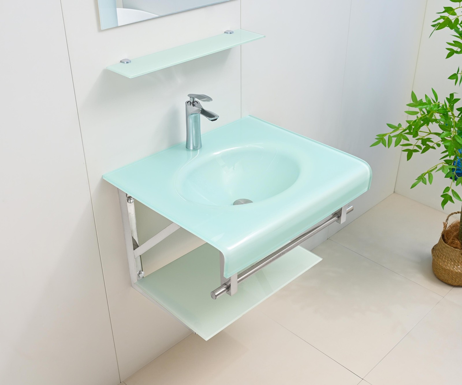 24″ Modern White Tempered Glass Bathroom Vanity Floating Sink Glass top Mirror
