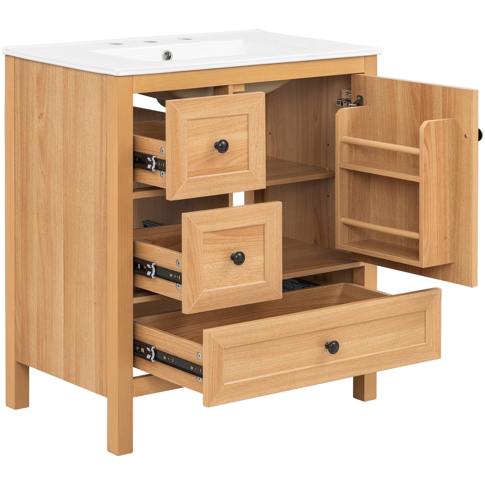 30″ Bathroom Vanity with Ceramic Sink Wood Grain Cabinet with Soft-Close Drawer