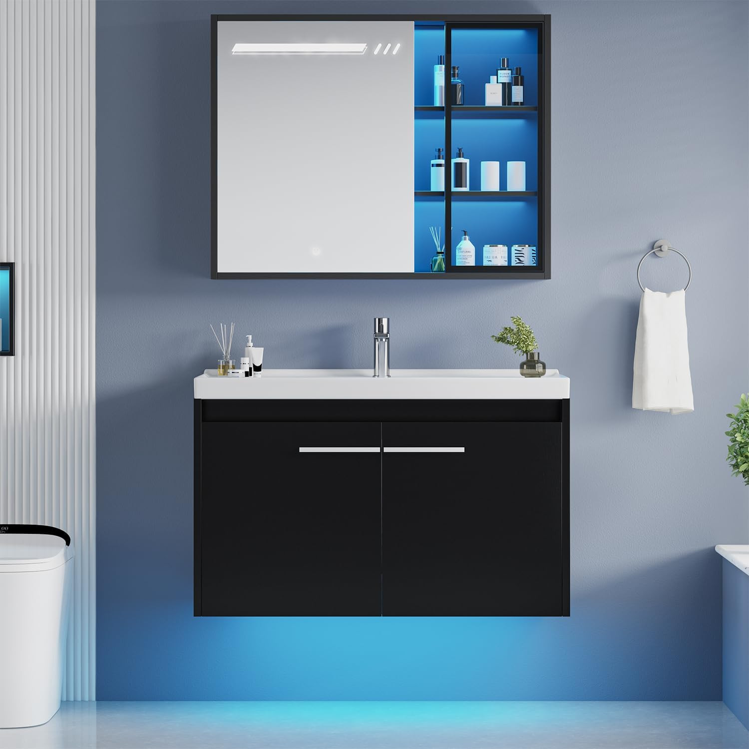 4Ever2Buy 31″ Black Floating Vanity w/ Sink LED Light 2 Doors