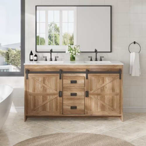 60″ Double Sink Bathroom Vanity, Farmhouse Cabinet With Stone Top Barn Door