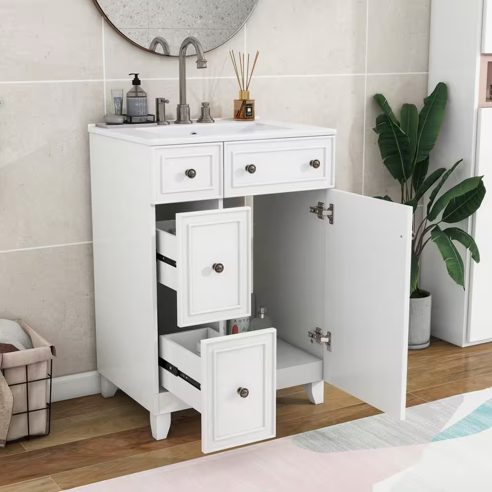 24 In. W Single Sink Freestanding Bath Vanity in White with White Ceramic Top an