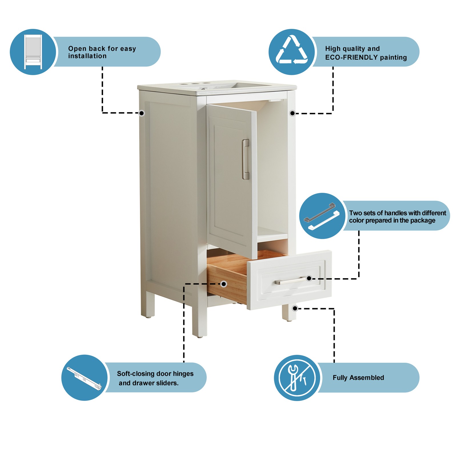 White Freestanding Bathroom Cabinet 18″ Solid Wood Fully Assembled