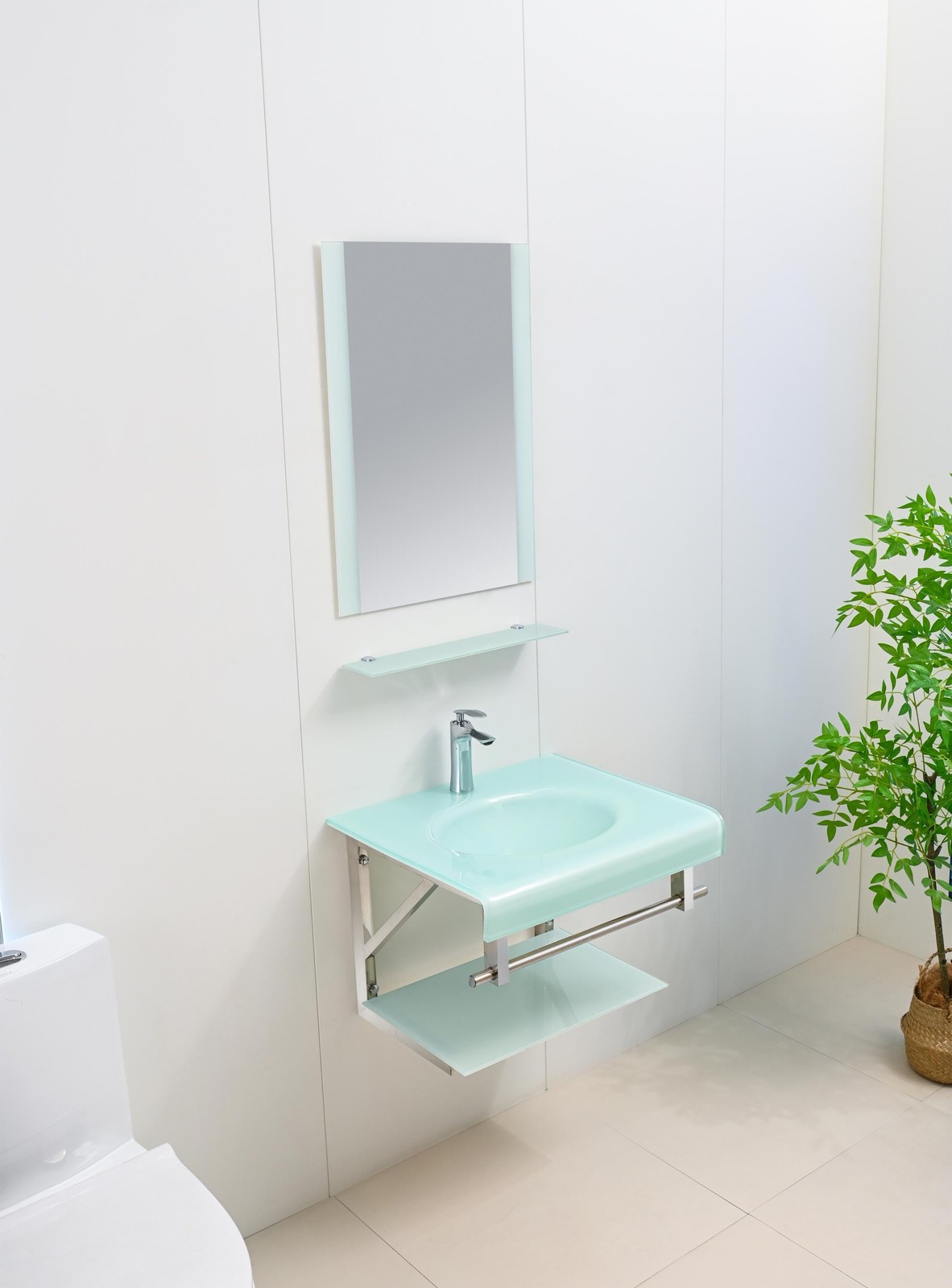 24″ Modern White Tempered Glass Bathroom Vanity Floating Sink Glass top Mirror