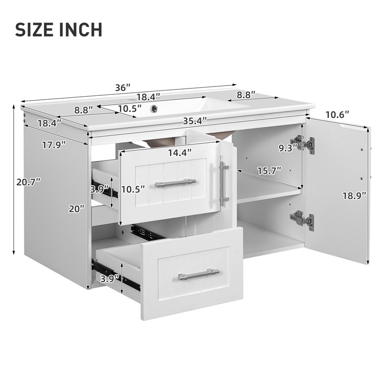 36″ Wall Mounted Bathroom Vanity w/Sink,Floating Vanity Cabinet,2 Drawers, Doors