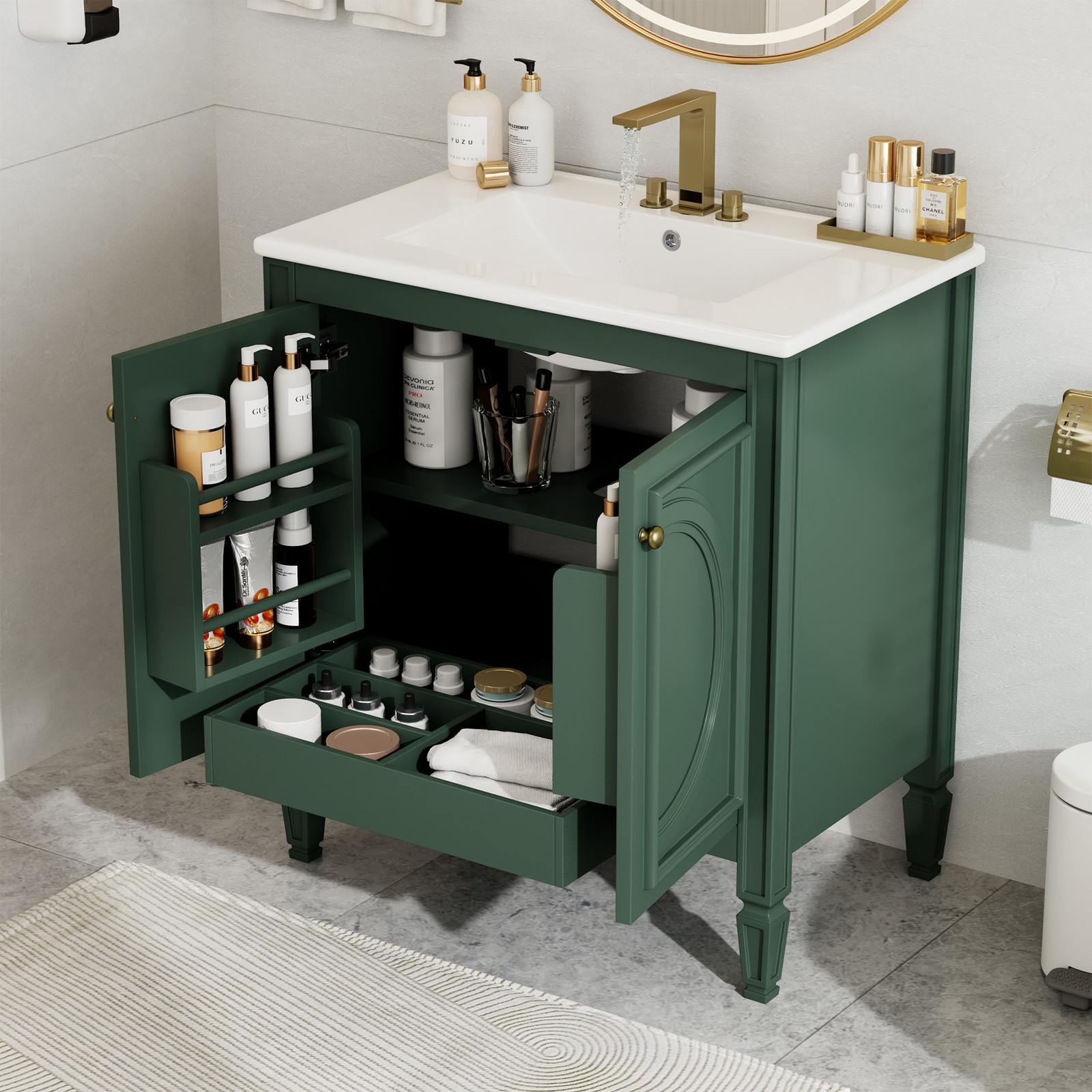 30″ Bathroom Vanity with Ceramic Sink, Two Doors & Drawer, Green