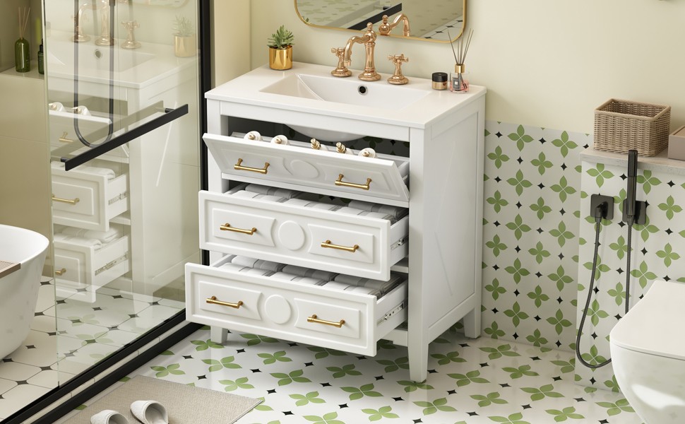 30″ Bathroom Vanity with Ceramic Sink Combo, White, 3 Drawers
