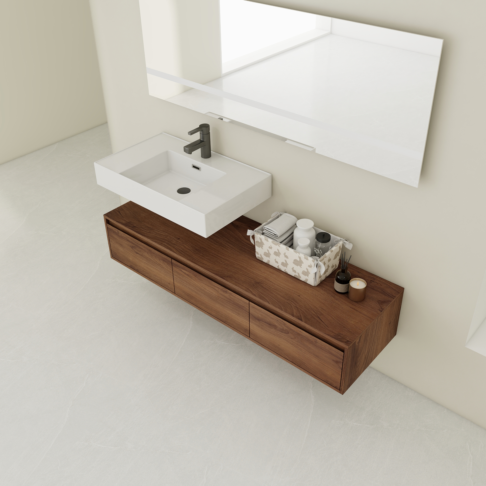 60 in Wooden Floating Wall-Mounted Bathroom Vanity W/ Single Resin Sink +Drawers