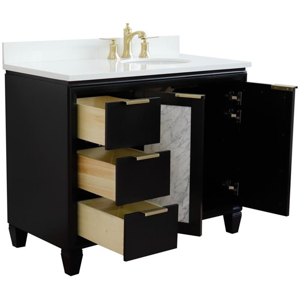 Pemberly Row 43″ Solid Wood Vanity w/ Right Oval Sink in Blue/White Quartz Stone