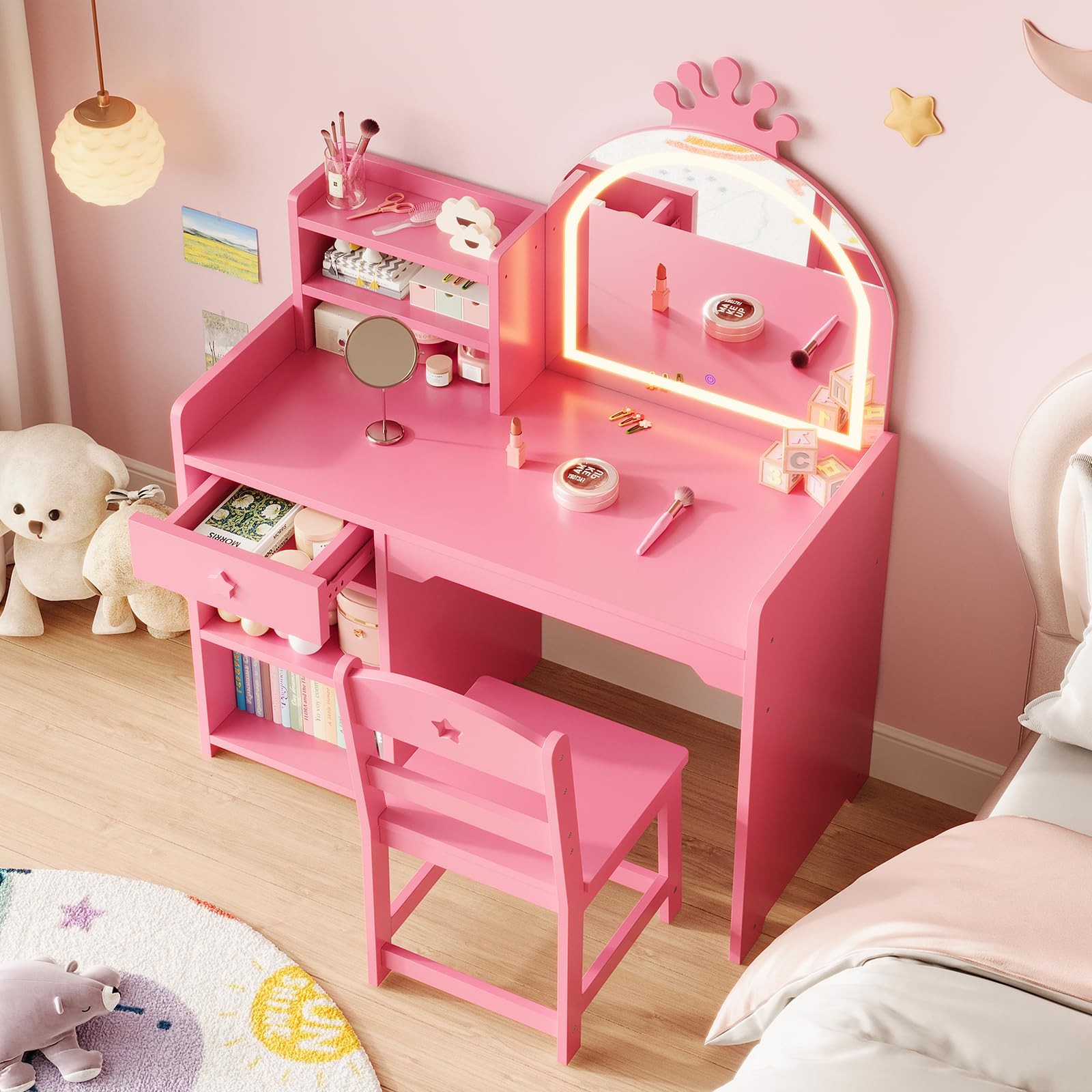 Kids Vanity with Lights 2-in-1 Princess Makeup Table Chair Set Bookshelf Pink