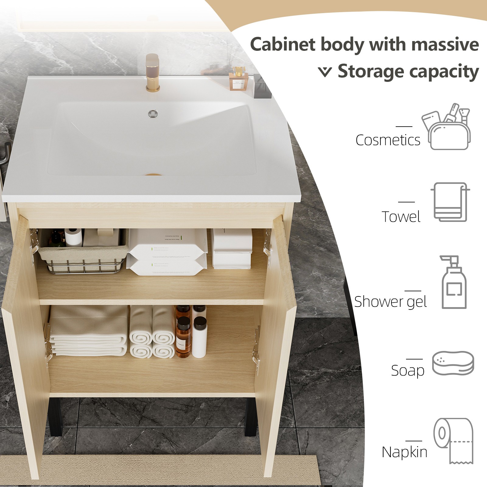 24 Inch Bathroom Vanity with Sink, Oak Finish, White Ceramic