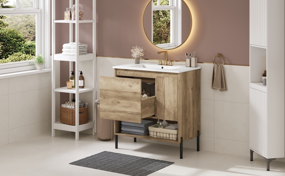 30″ Modern Wood Bathroom Vanity w/Ceramic Sink Bathroom Storage Cabinet，Drawer