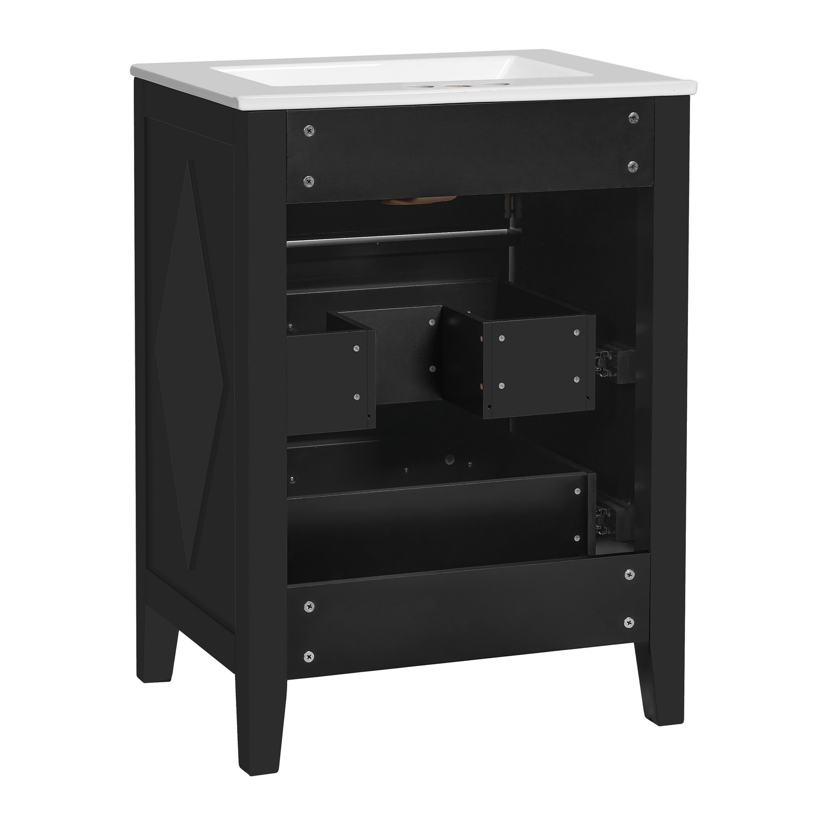 24” Bathroom Vanity with Ceramic Sink, 3 Drawers, Solid Wood Frame Retro Black