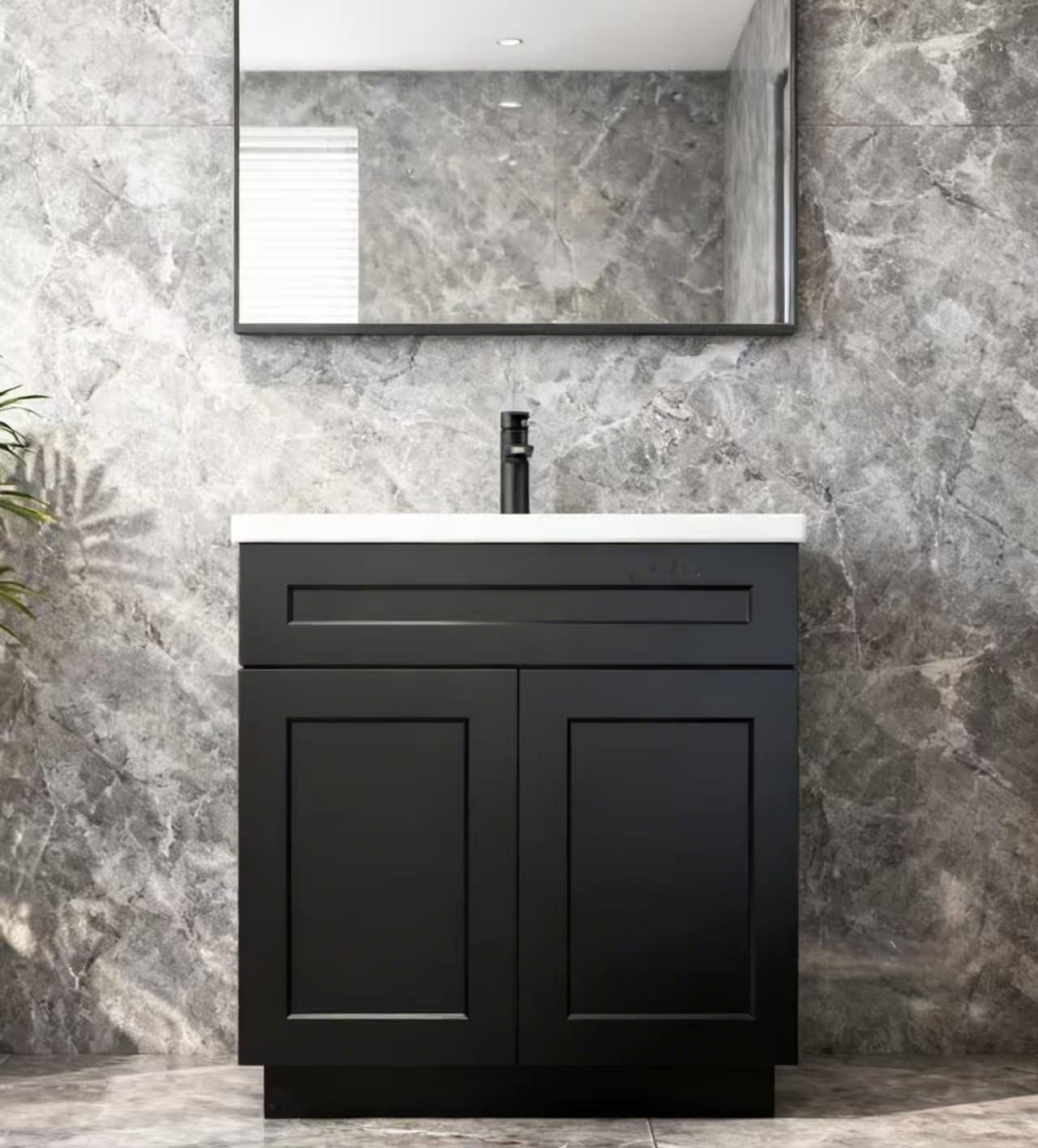 Black Shaker Bathroom Vanity Base 24″ – Solid Wood & Plywood Construction, So…