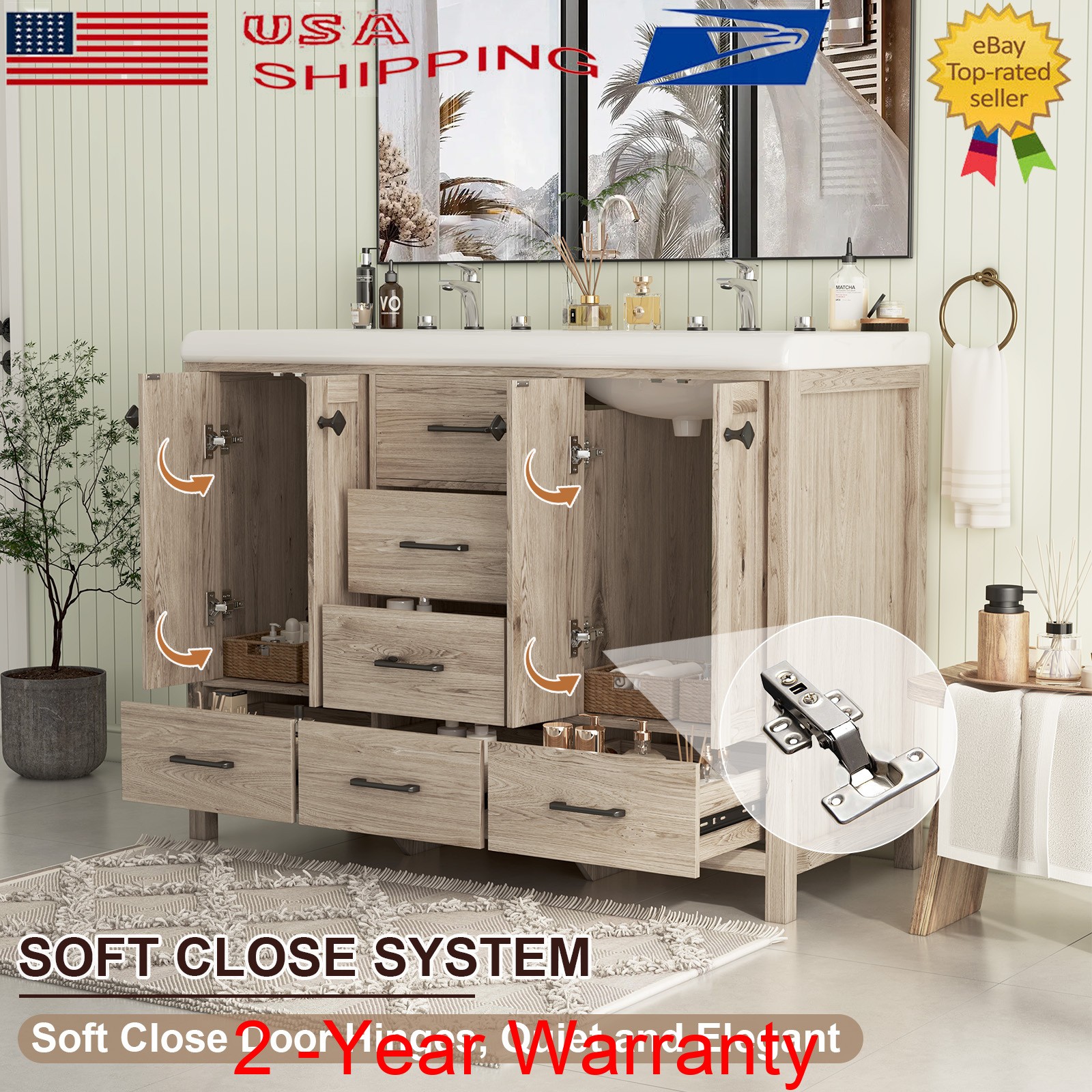 47.3″ Bathroom Vanity With Double Sink Stoarge Drawers Cabinets No Mirror Faucet