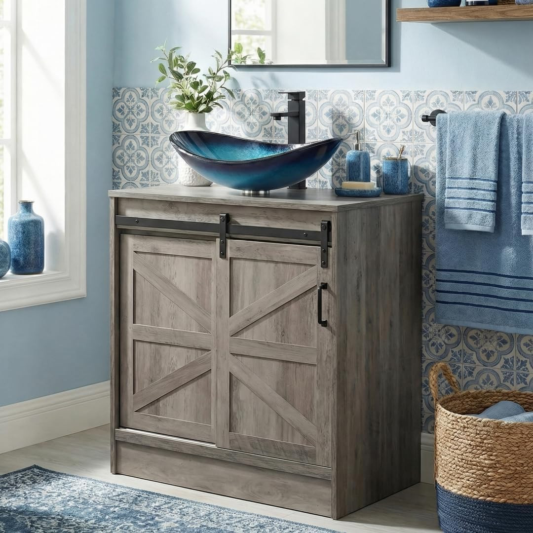 30″ Barn Door Bathroom Vanity, Farmhouse Style Standing Pedestal Cabinet with Bl