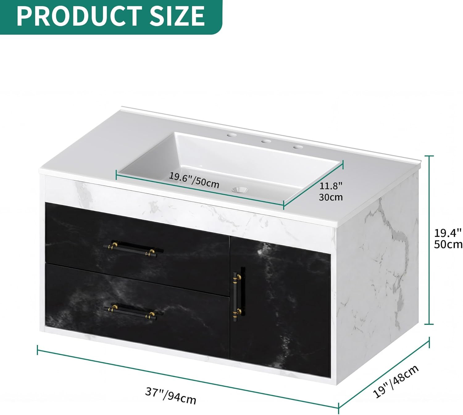 37″ Wall-Mounted Floating Bathroom Vanity with Sink & 2 Drawers