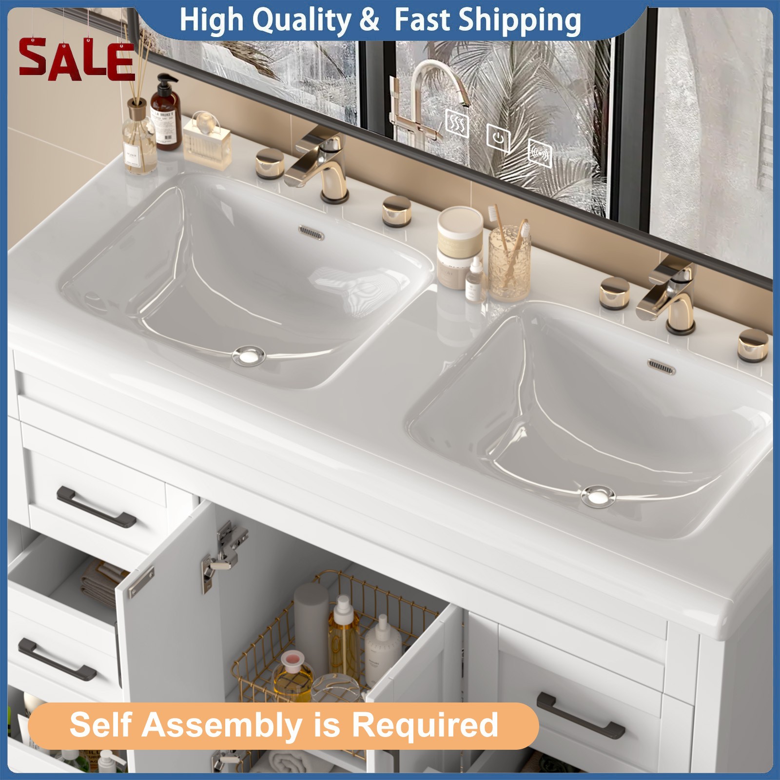 Double Ceramic Sinks Freestanding Drawer Cabinet Modern 47 Inch Bathroom Vanity