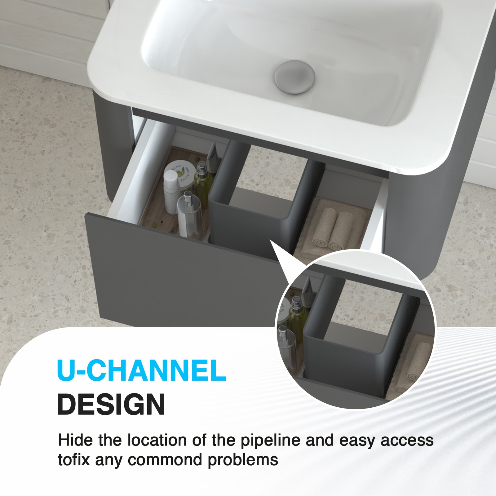 24″ Grey Floating Bathroom Vanity with White Ceramic Integrated Basin