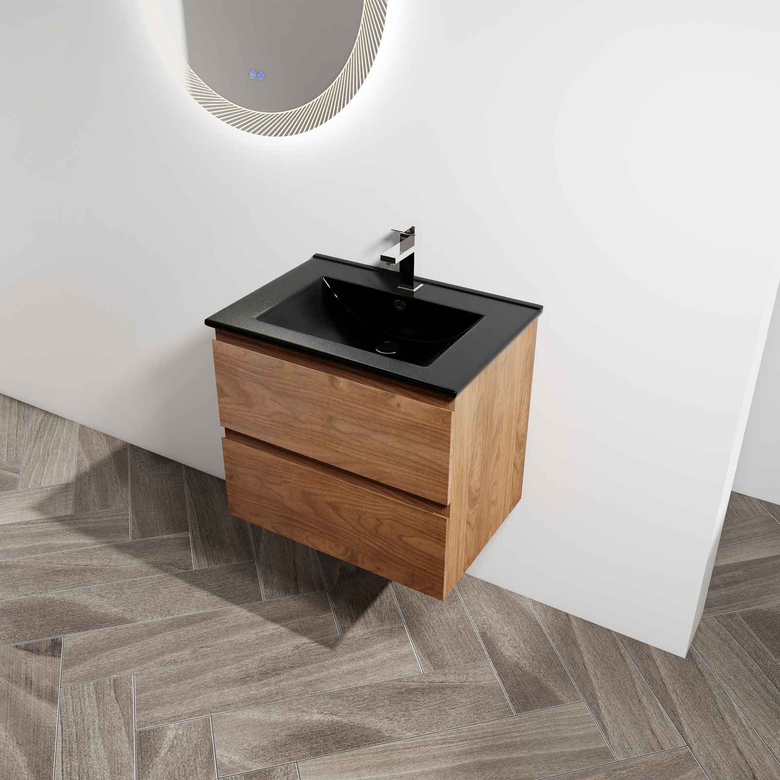 24in Wall Mounted Floating Cabinet Bathroom Vanity Cabinet 2 Drawers +Black Sink