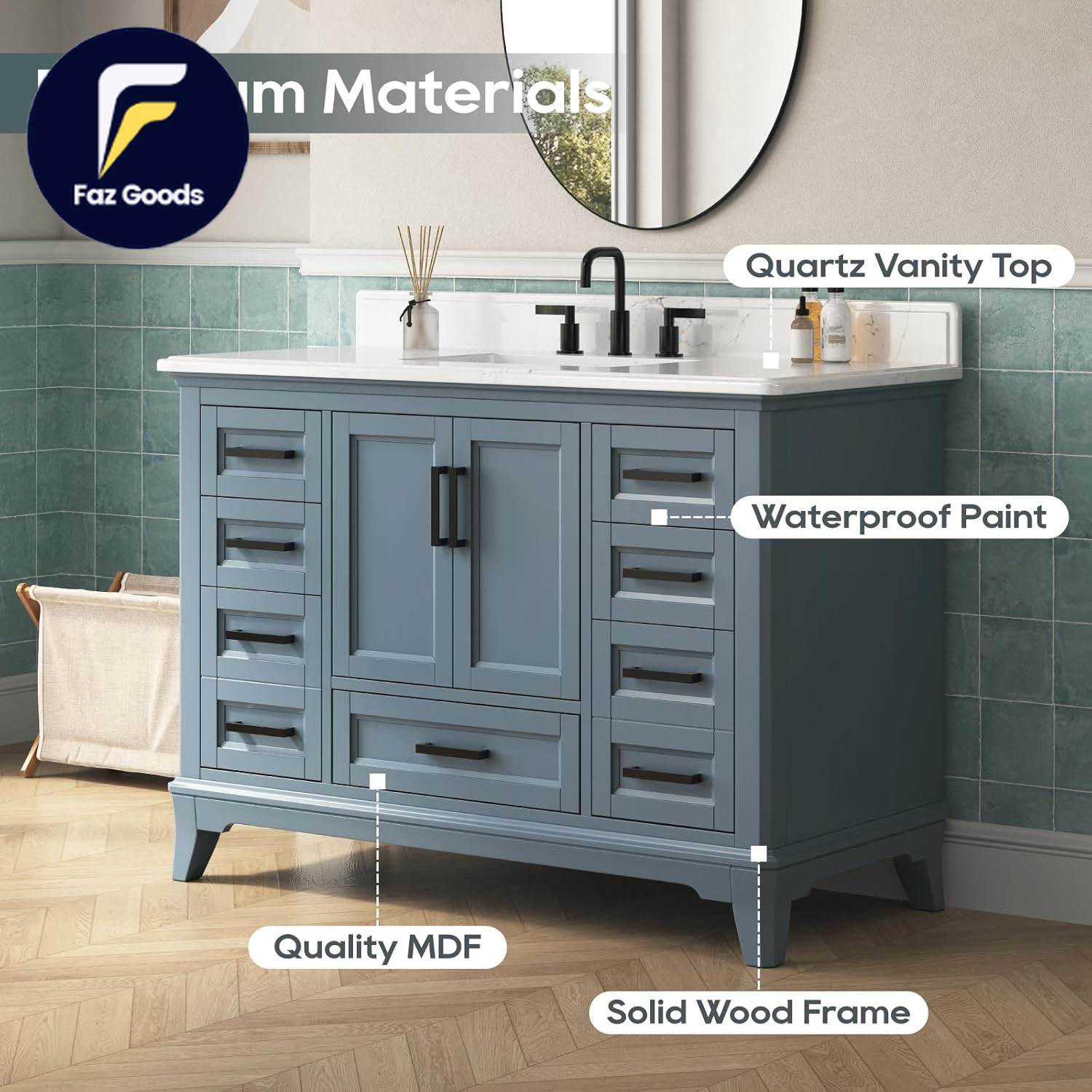 48 Inch Bathroom Vanity with Sink Modern Steel Blue Bathroom Vanities with Soft