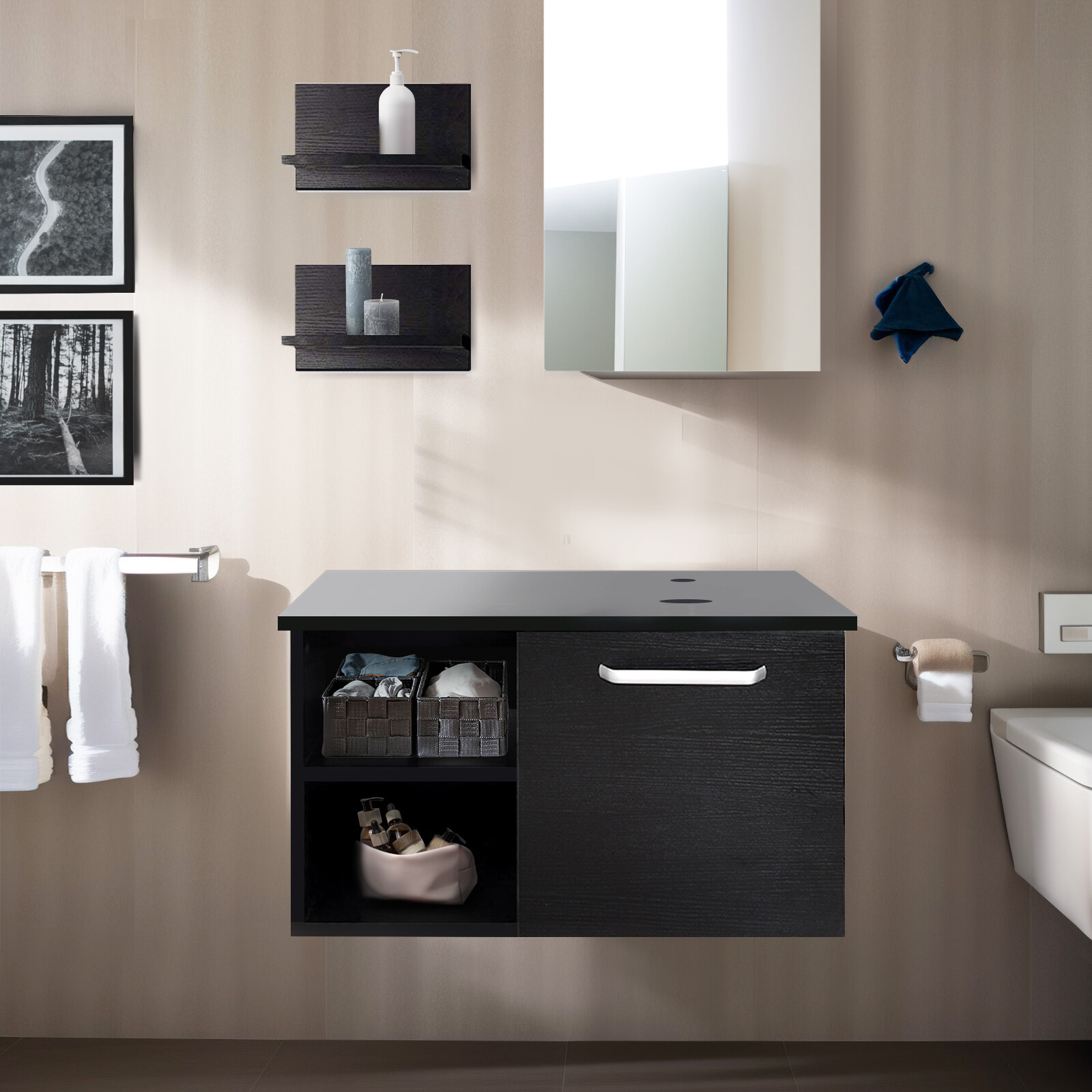 Wall Mounted Bathroom Vanity Floating Cabinet w/Mirror Shelf Sink Faucet Combo