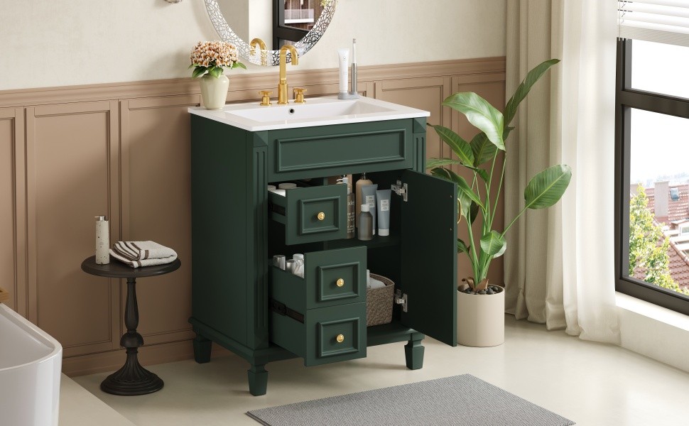 24″ Bathroom Vanity with Ceramic Sink, 2 Drawers, Adjustable Shelf