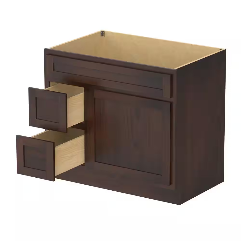 36 In. W X 21 In. D X 32.5 In. H 2-Left Drawers Bath Vanity Cabinet Only in Brow