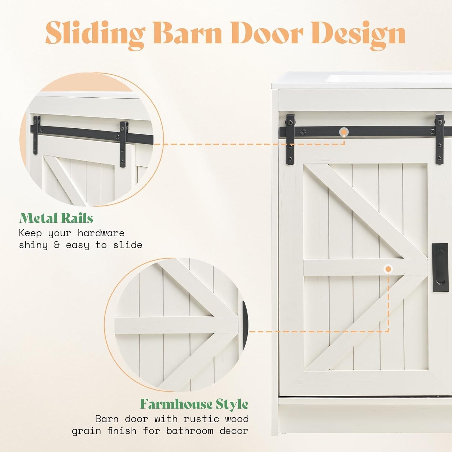 31″ Farmhouse Bathroom Vanity with Sink, Sliding Barn Door, Antique White