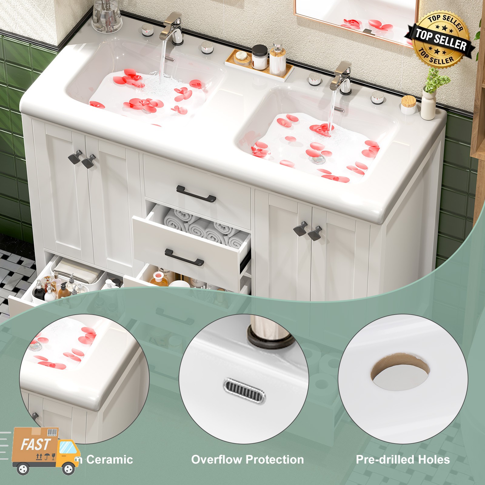 47.3″ Bathroom Vanity Double Sink Ceramic Freestanding Storage Cabinet Drawers.