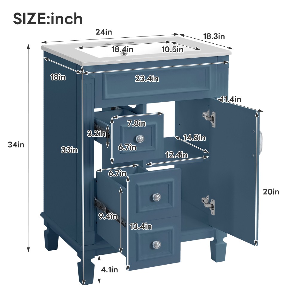 24 Inch Modern Blue Bathroom Vanity with Ceramic Sink Solid Wood MDF Cabinet
