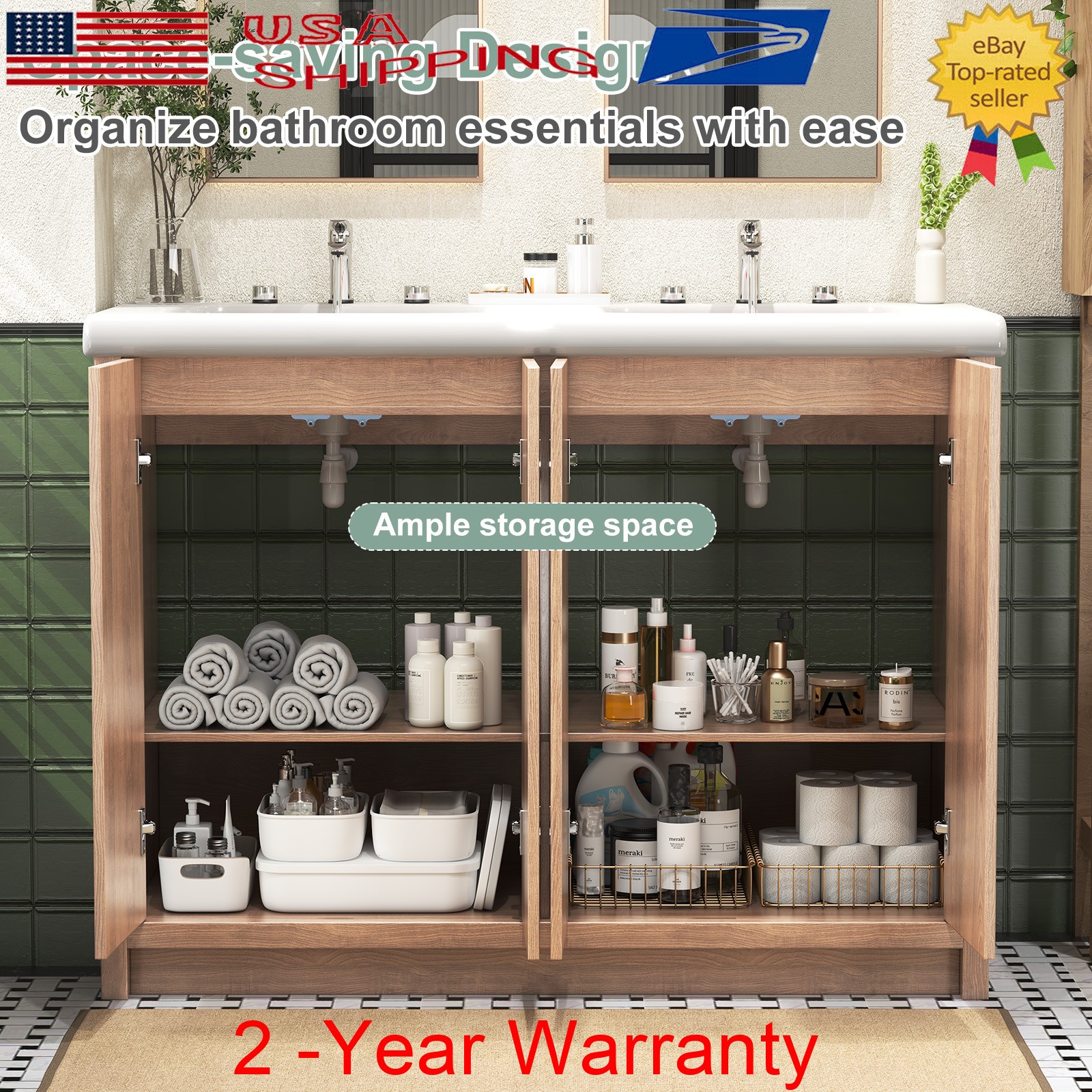 47.3″ Bathroom Vanity Set Double Sink Ceramic Freestanding Cabinet Wood Grain