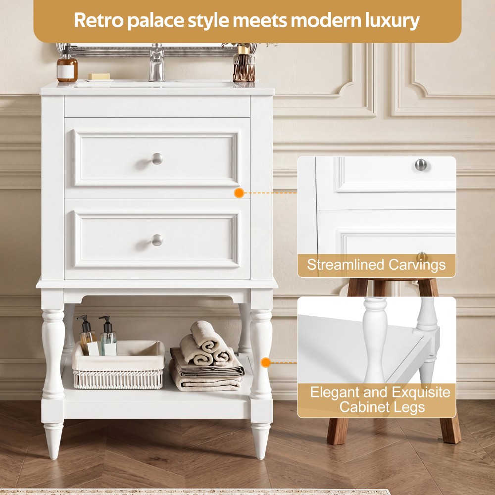 20” Retro Design Bathroom Vanity with Ceramic Sink, Open Shelf , 2 Drawers