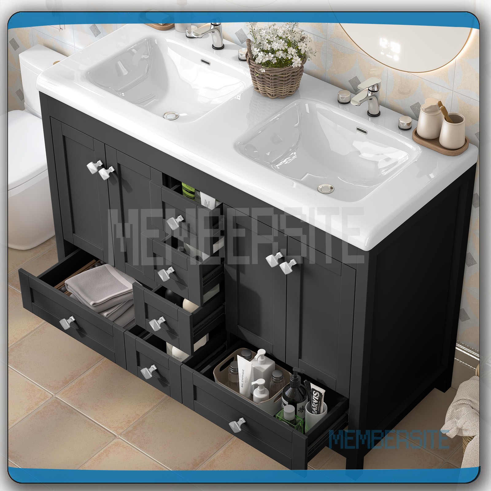 Black 47.3″ Bathroom Vanity Cabinet w/ 2 Ceramic Sinks Vanity Cabinet 6 Drawers