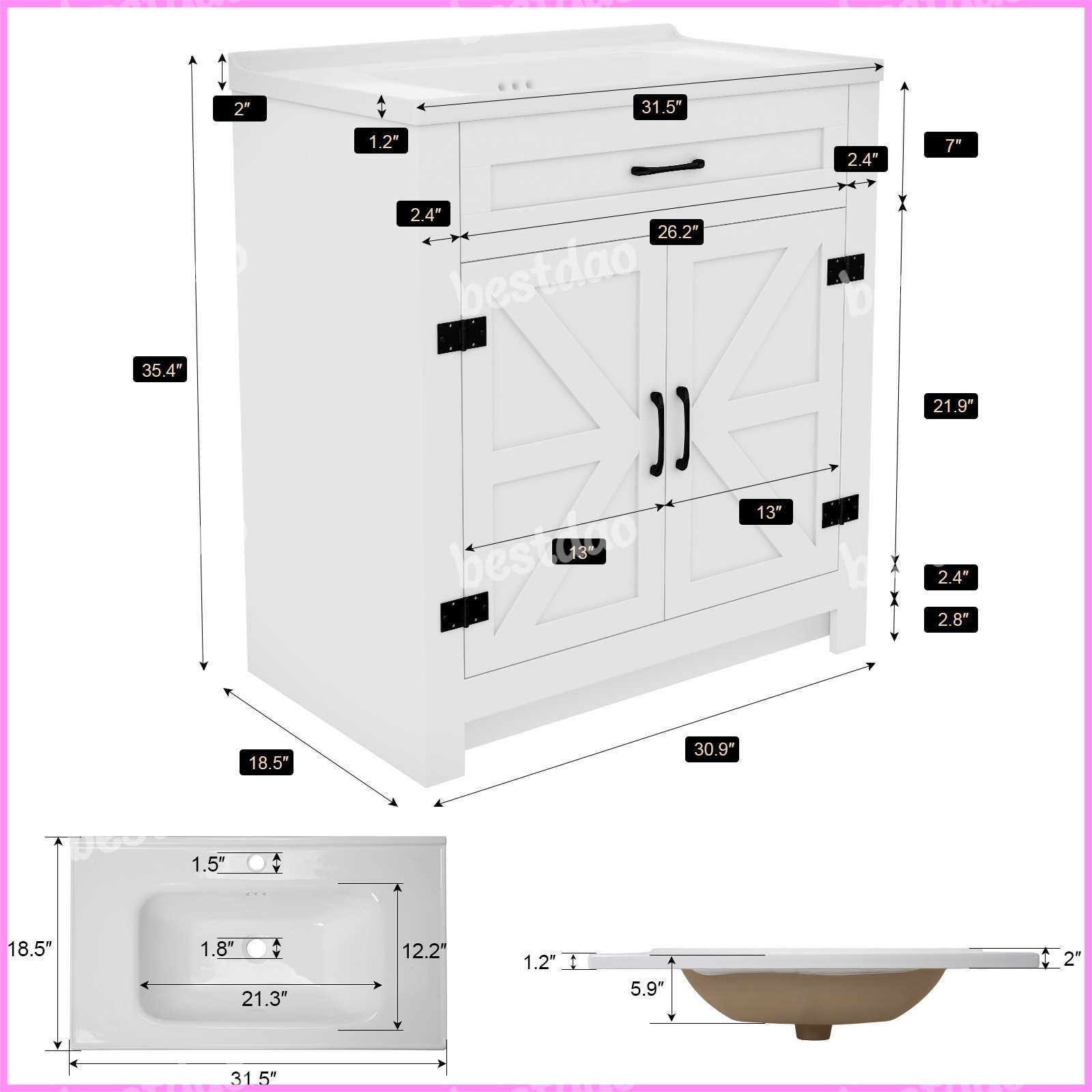 White 31″ Modern Bathroom Vanity w/ Ceramic Sink Storage Cabinet w/ 2 Doors